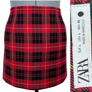 Zara Heritage Print Red Plaid Mini Skirt West Coast Prep Academia Vibes Sz: L